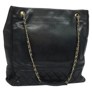 CHANEL Chain Tote Bag Lamb Skin Navy Gold CC